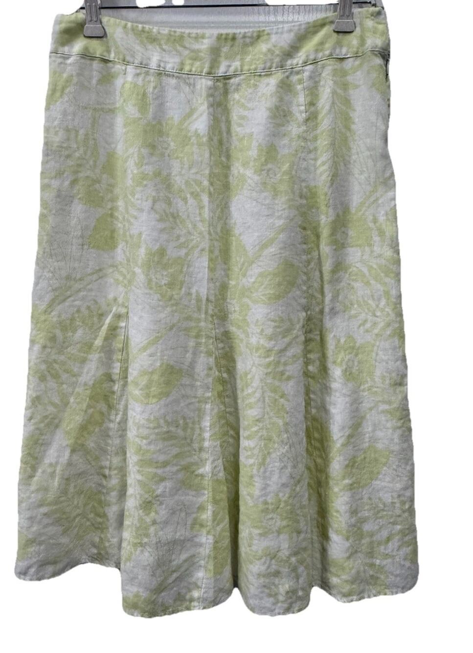 JM Collection Linen Midi Skirt Women’s 10 Green White Leaf Print A-Line Summer